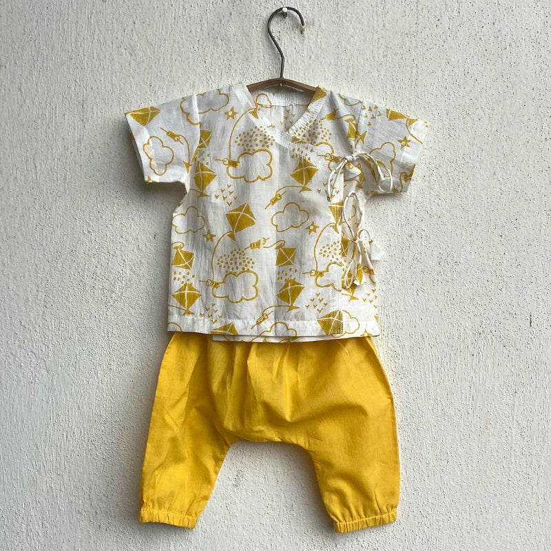 Kurta with Pant For New Borns | Naturally Dye Organic Cotton | Yellow & Off-White