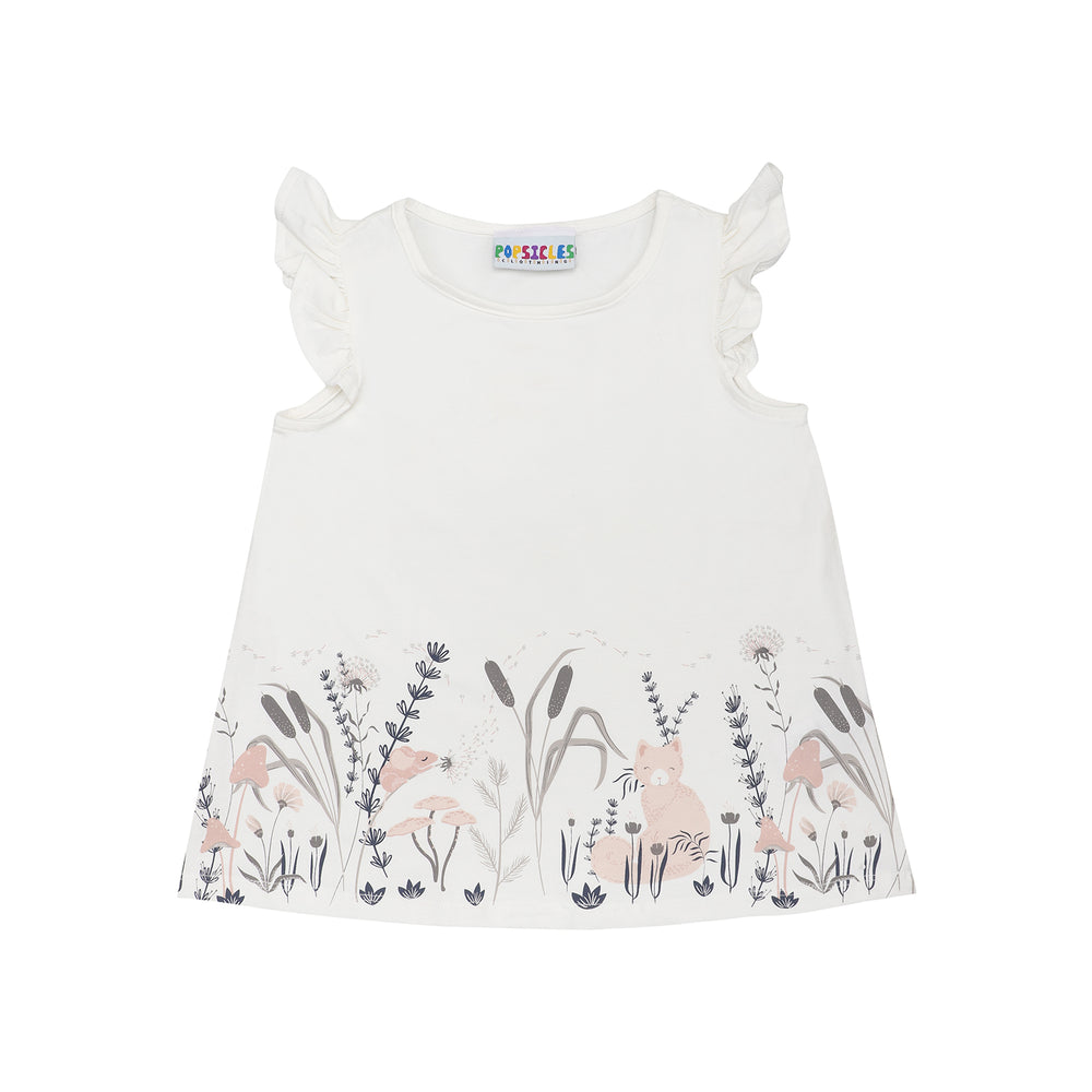 Short Ruffle Sleeves Girls Top | Comfort fit | Round Neck | Soft Cotton | Off White