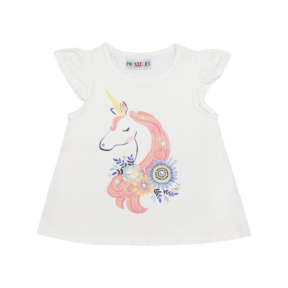 Unicorn Ruffle Sleeves Girls Top | Comfort fit | Round Neck | Soft Cotton | Off White