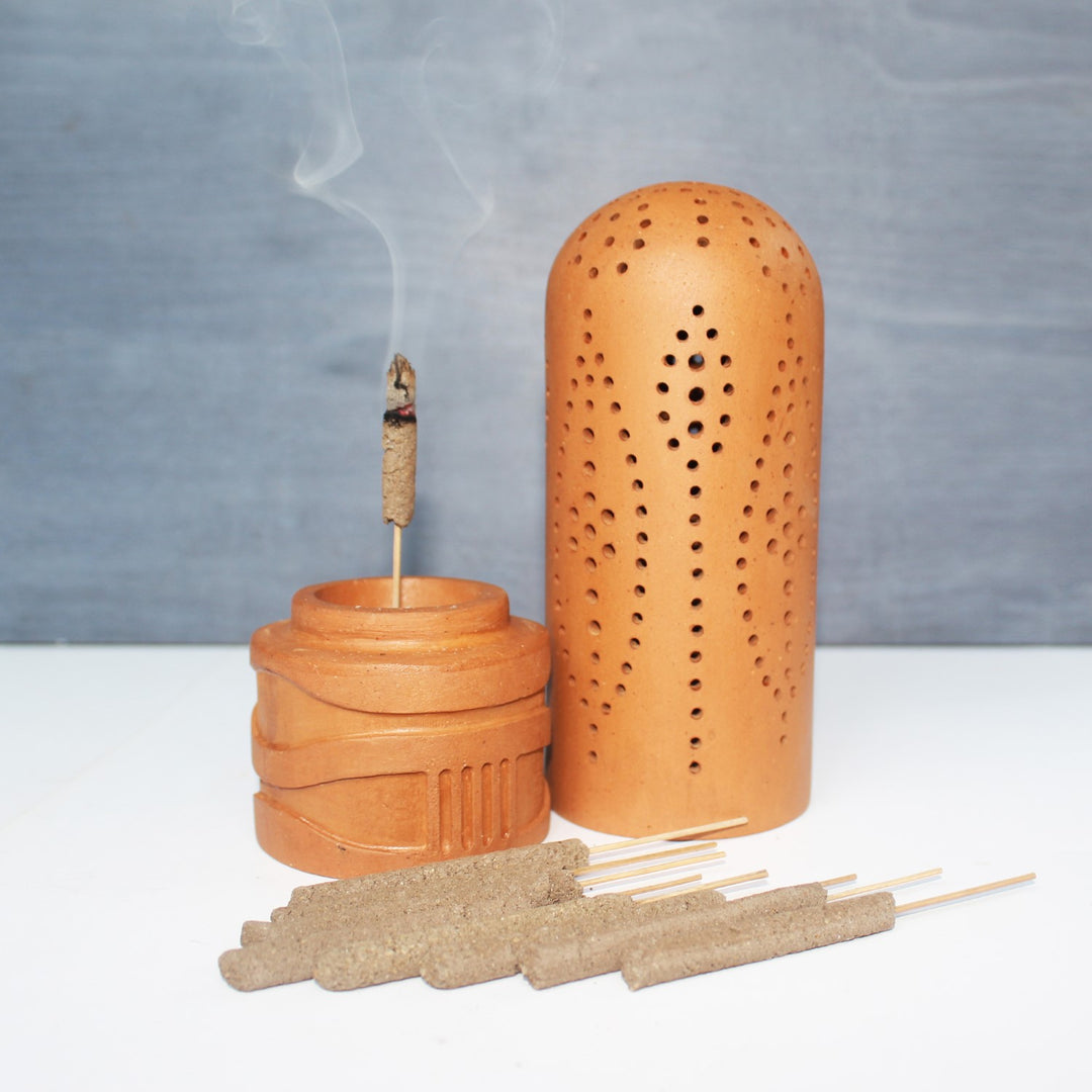 Straw Dome Incense Stick Stand And Loban Sticks | Terracotta