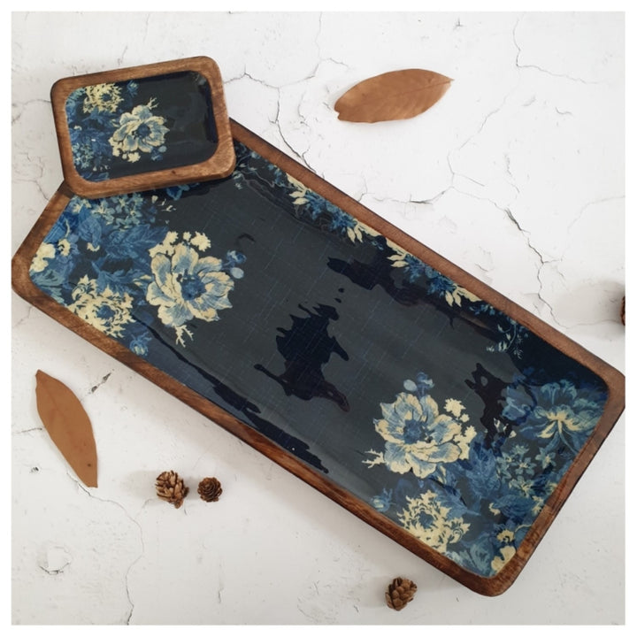 Denim Blue Floral Rectangle Platter With Dip Bowl | Mango Wood | 18 X 6 Inches