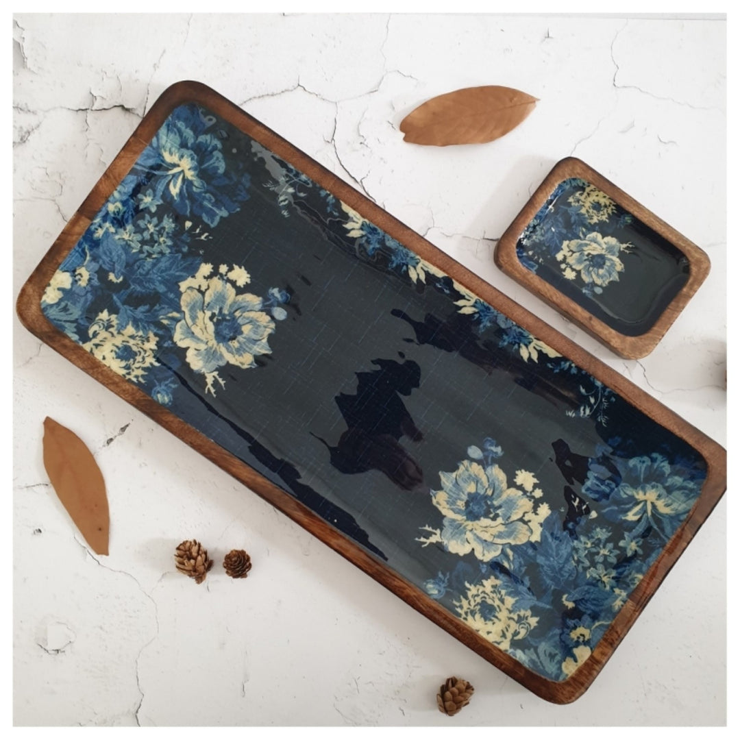 Denim Blue Floral Rectangle Platter With Dip Bowl | Mango Wood | 18 X 6 Inches