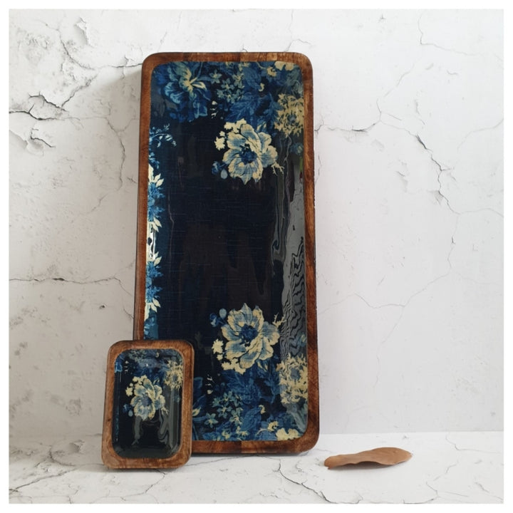 Denim Blue Floral Rectangle Platter With Dip Bowl | Mango Wood | 18 X 6 Inches