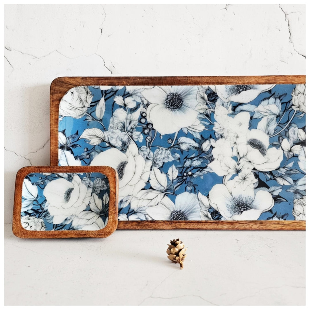 Blue Hibiscus Rectangle Platter With Dip Bowl | Mango Wood | 18 X 6 Inches