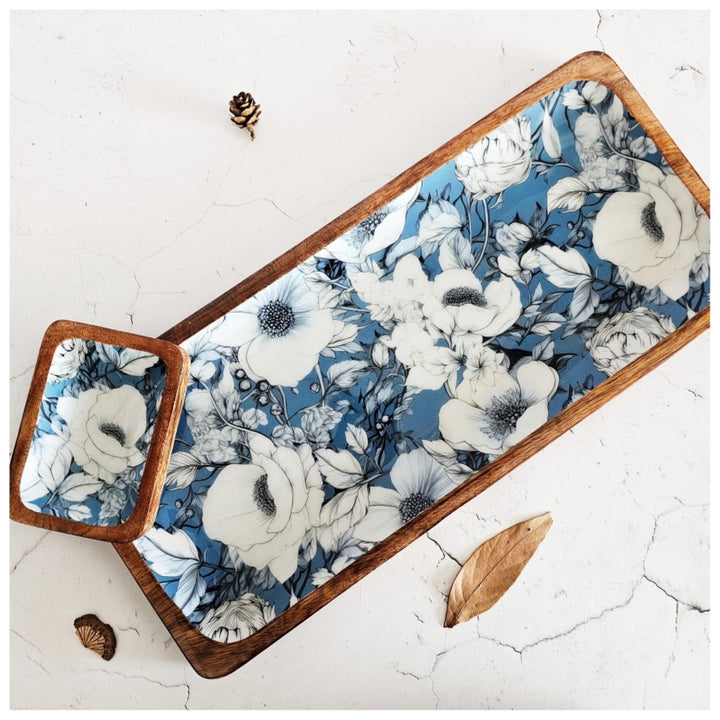 Blue Hibiscus Rectangle Platter With Dip Bowl | Mango Wood | 18 X 6 Inches