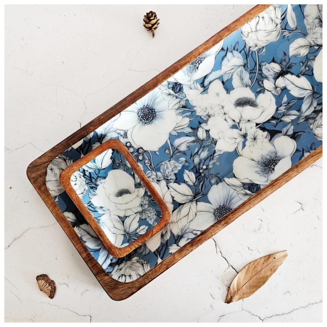 Blue Hibiscus Rectangle Platter With Dip Bowl | Mango Wood | 18 X 6 Inches