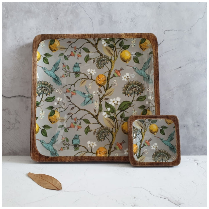 Humming Bird Square Platter With Dip Bowl | Mango Wood | 12 X 12 Inches