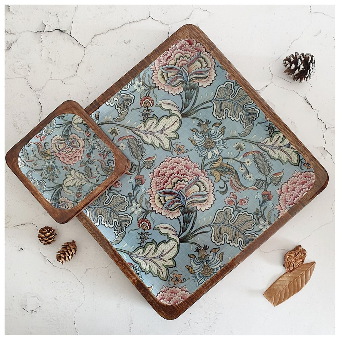 Jaipur Print Square Platter With Dip Bowl | Mango Wood | 12 X 12 Inches