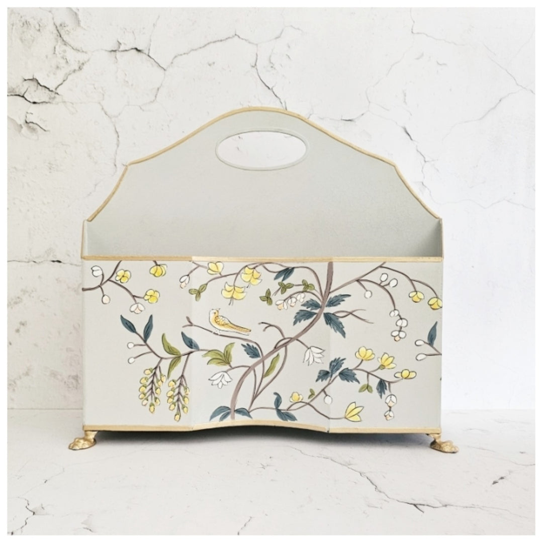 Grey Blossom Magazine Holder | Hand-Painted | Timeless Home Decor