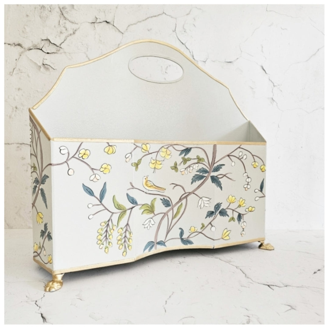 Grey Blossom Magazine Holder | Hand-Painted | Timeless Home Decor