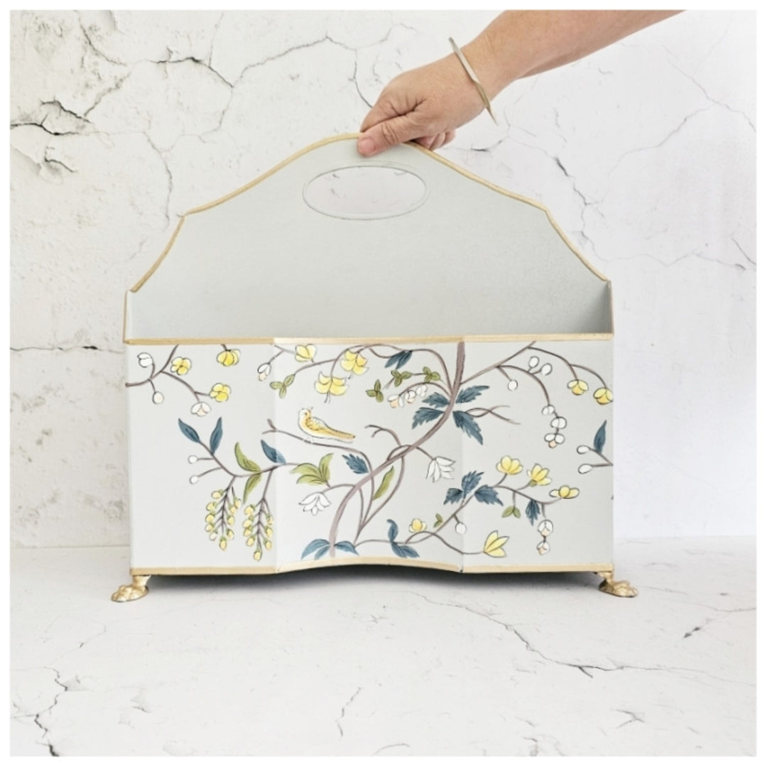 Grey Blossom Magazine Holder | Hand-Painted | Timeless Home Decor