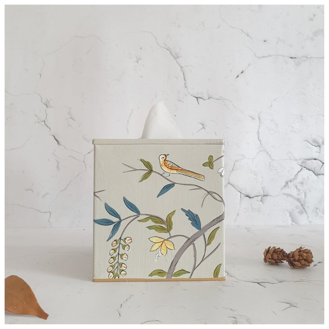 Hand-Painted Grey Blossom Tissue Box | Cuboid | Soft Color Palette Decor