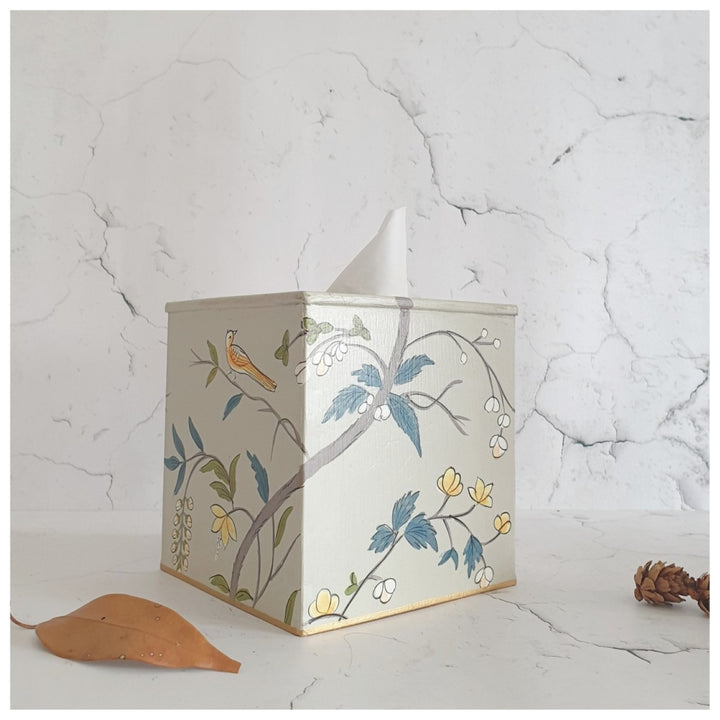 Hand-Painted Grey Blossom Tissue Box | Cuboid | Soft Color Palette Decor