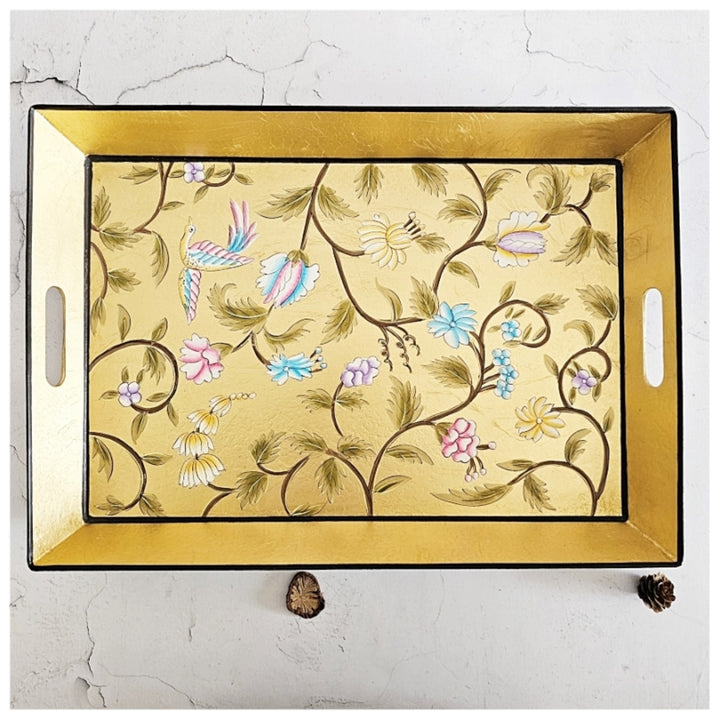 Golden Leaf Butler Serving Tray With Handle | Hand Painted | Artistic & Smart