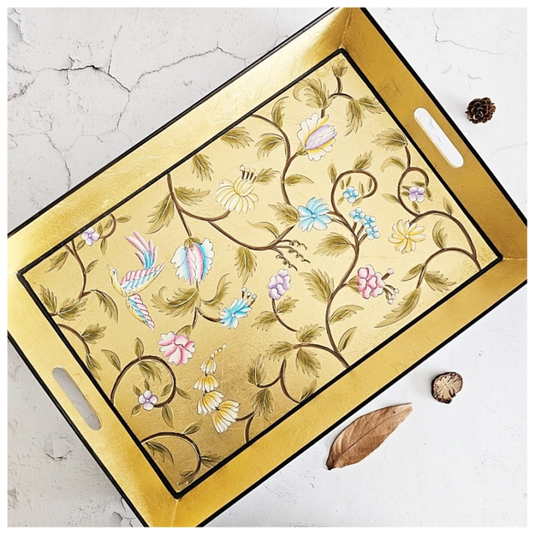 Golden Leaf Butler Serving Tray With Handle | Hand Painted | Artistic & Smart