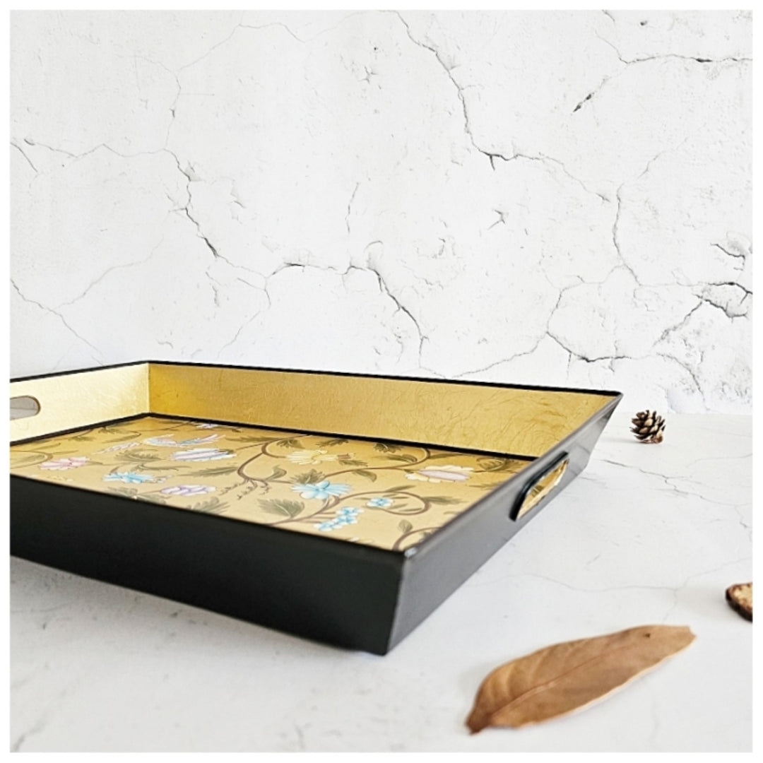 Golden Leaf Butler Serving Tray With Handle | Hand Painted | Artistic & Smart