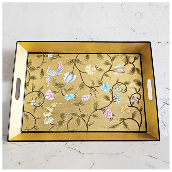 Golden Leaf Butler Serving Tray With Handle | Hand Painted | Artistic & Smart