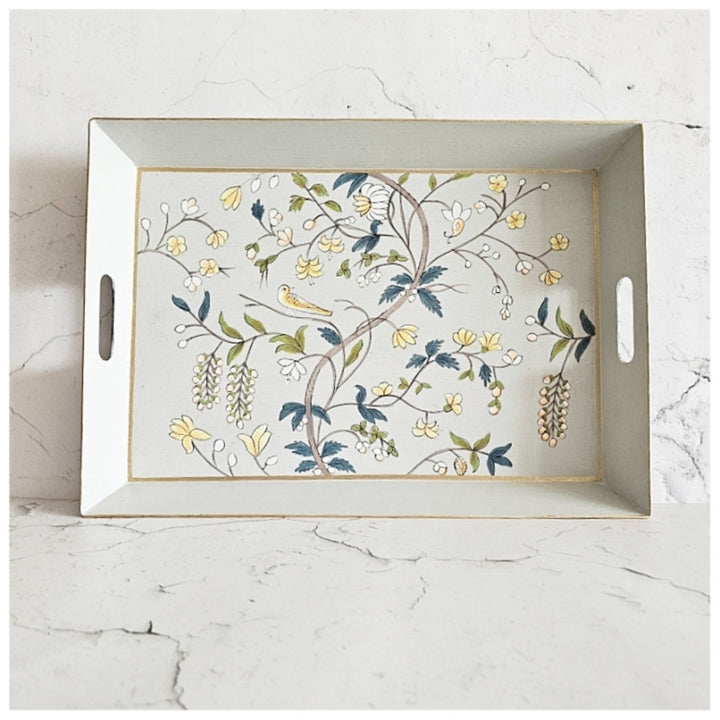 Grey Butler Serving Tray With Handle | Hand-Painted | Bespoke Design | White