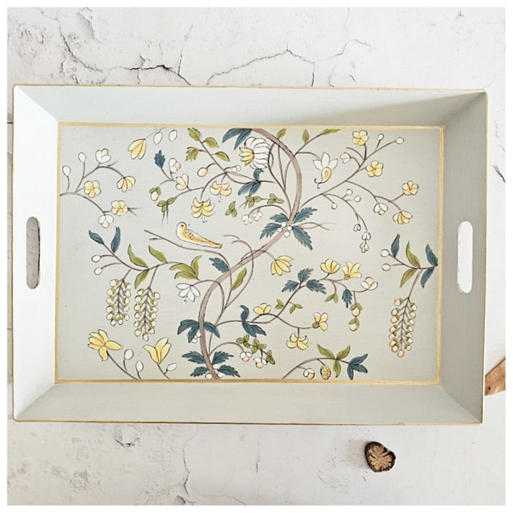 Grey Butler Serving Tray With Handle | Hand-Painted | Bespoke Design | White