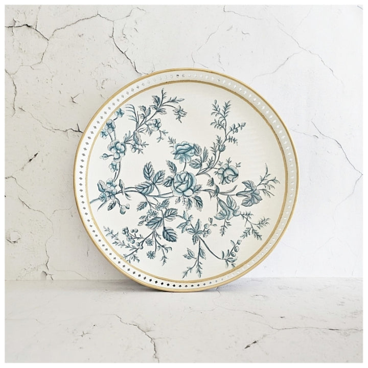 Round Serving Tray | Artistically Hand Painted | White | Metal Made | Multi-Purpose