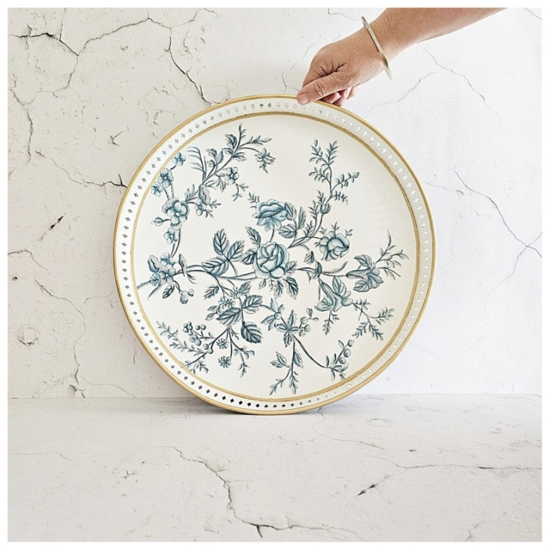 Round Serving Tray | Artistically Hand Painted | White | Metal Made | Multi-Purpose