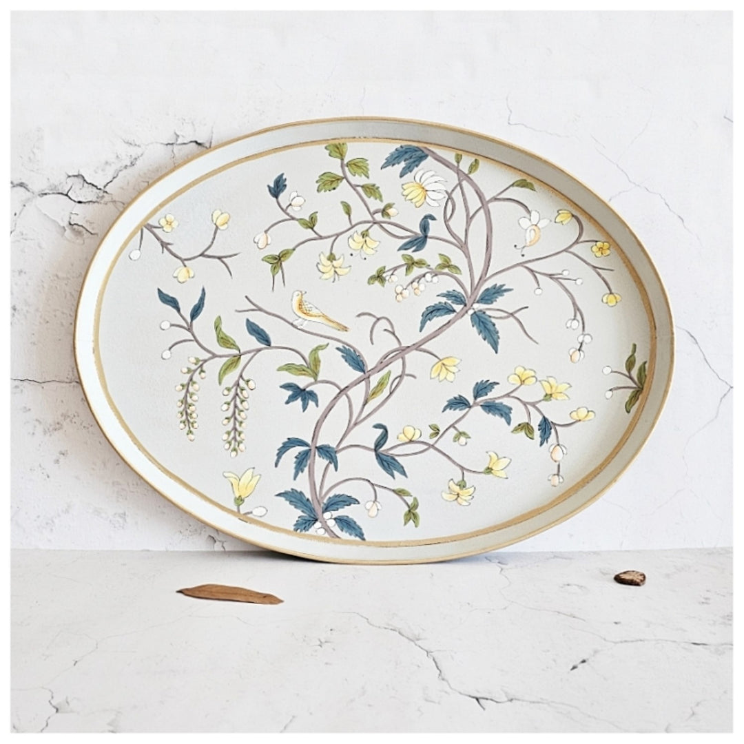 Grey Blossom Oval Butler Serving Tray | Hand-Painted | Bespoke Design