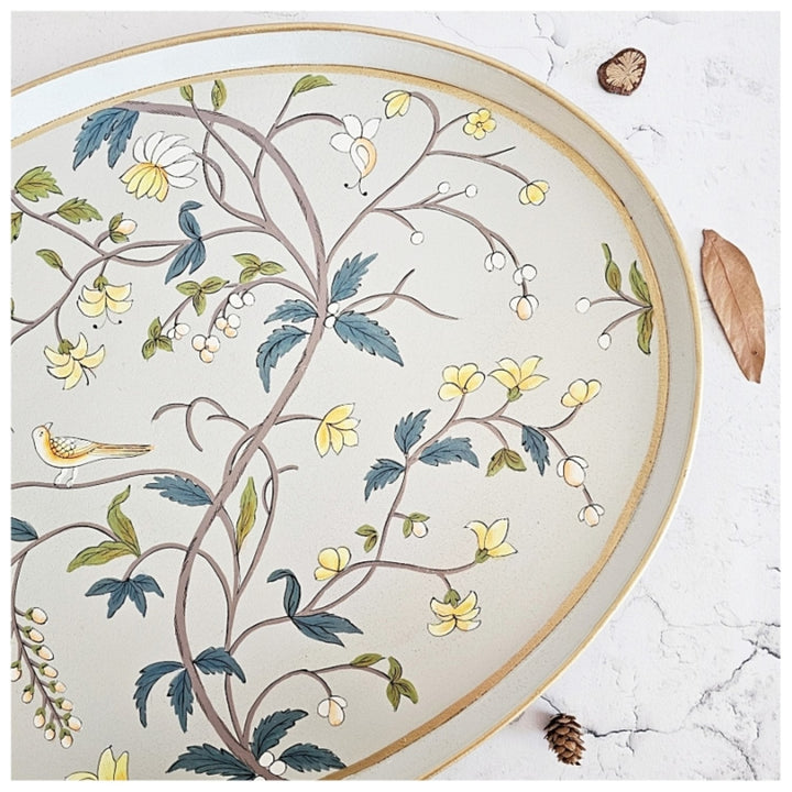 Grey Blossom Oval Butler Serving Tray | Hand-Painted | Bespoke Design