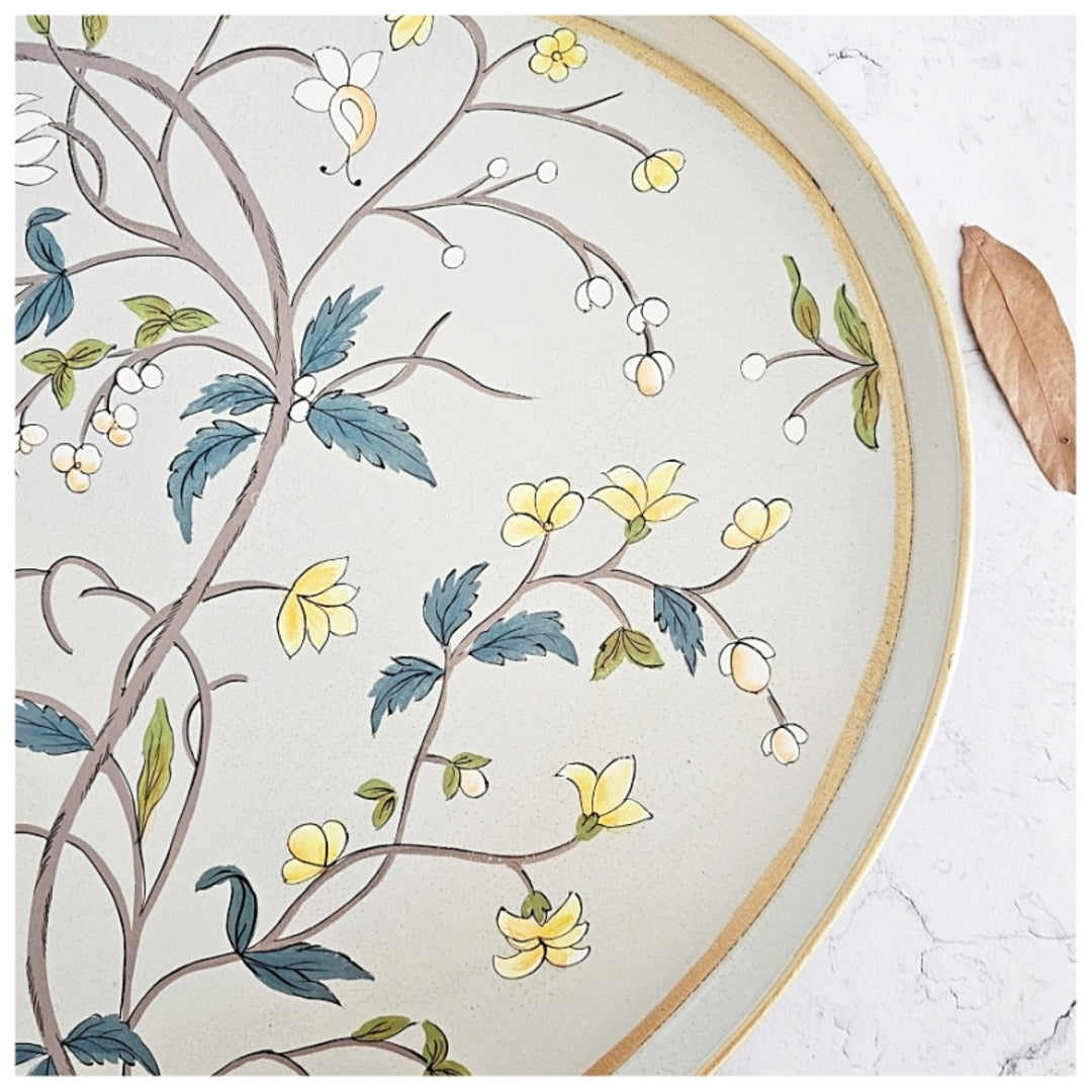 Grey Blossom Oval Butler Serving Tray | Hand-Painted | Bespoke Design