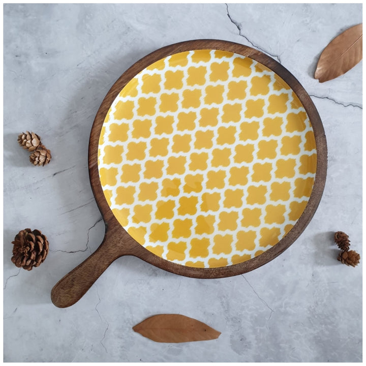 Yellow Sunshine Pizza Serving Platter With Handle | Mango Wood | 11 X 15 Inches