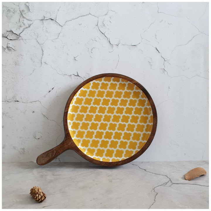 Yellow Sunshine Pizza Serving Platter With Handle | Mango Wood | 11 X 15 Inches