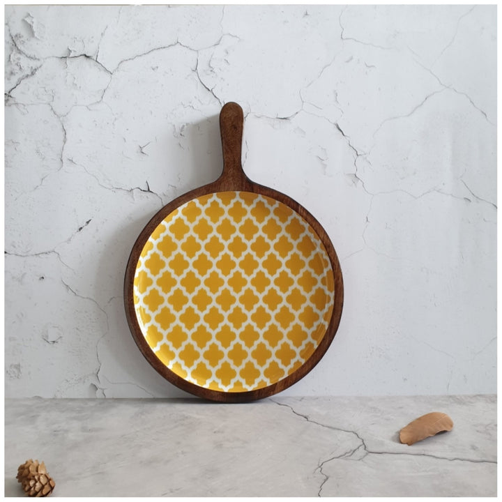 Yellow Sunshine Pizza Serving Platter With Handle | Mango Wood | 11 X 15 Inches