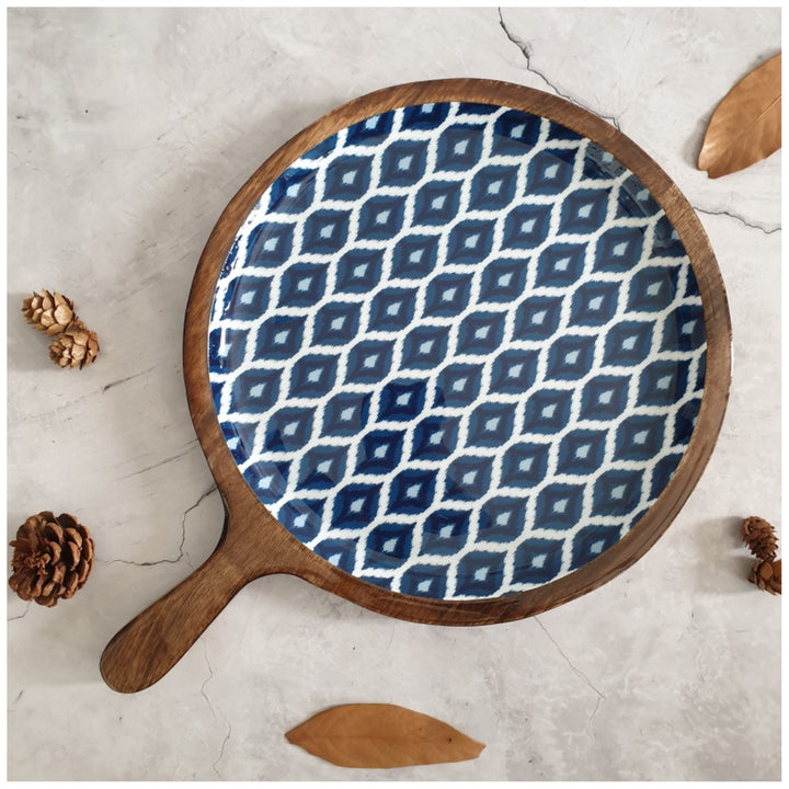 Ikat Blue Pizza Serving Platter With Handle | Mango Wood | 11 X 15 Inches