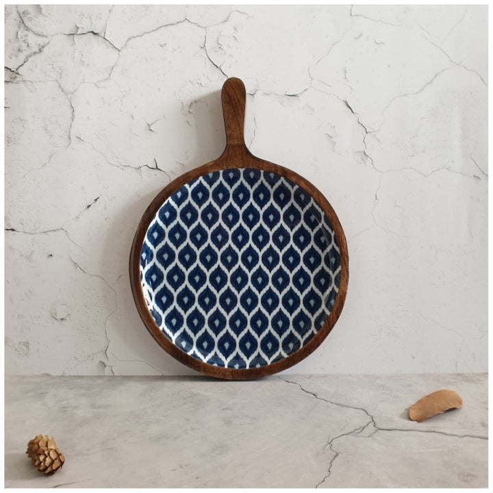 Ikat Blue Pizza Serving Platter With Handle | Mango Wood | 11 X 15 Inches