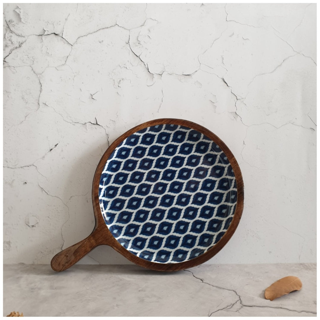 Ikat Blue Pizza Serving Platter With Handle | Mango Wood | 11 X 15 Inches