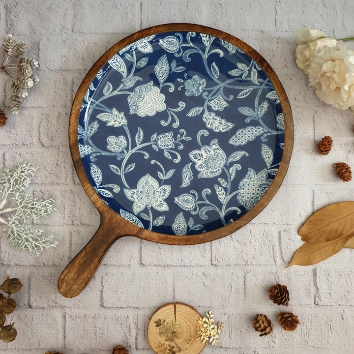 Cotton Blue Pizza Serving Platter With Handle | Mango Wood | 11 X 15 Inches