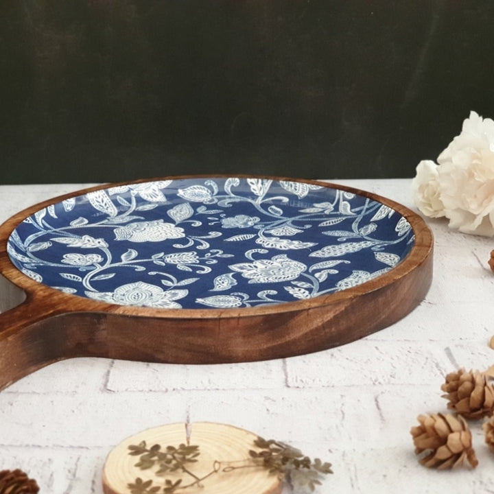 Cotton Blue Pizza Serving Platter With Handle | Mango Wood | 11 X 15 Inches