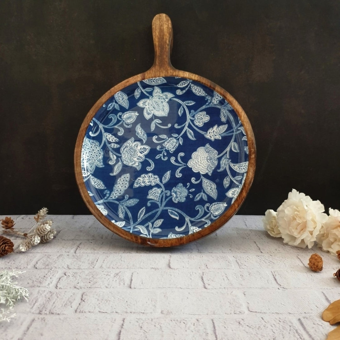 Cotton Blue Pizza Serving Platter With Handle | Mango Wood | 11 X 15 Inches