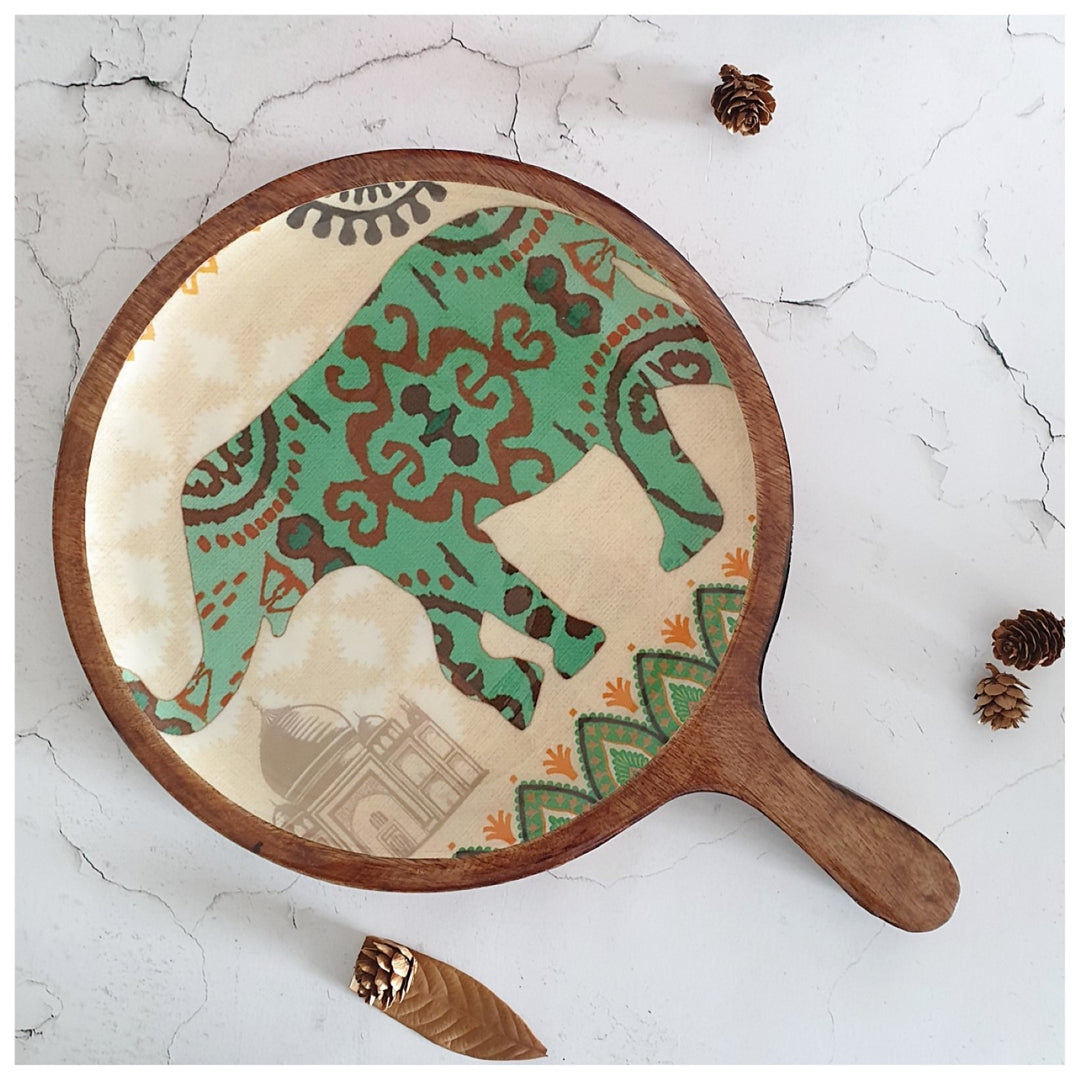 Elephant Print Pizza Serving Platter With Handle | Mango Wood | 11 X 15 Inches