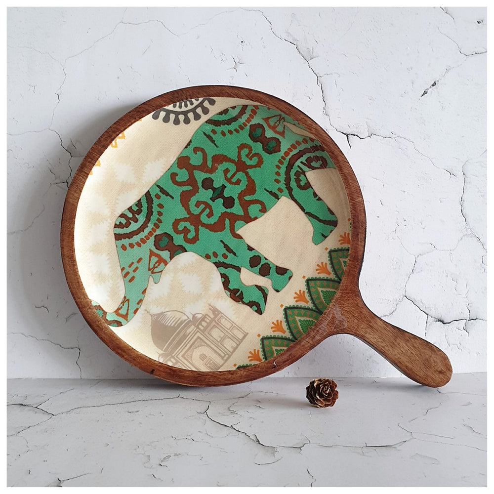 Elephant Print Pizza Serving Platter With Handle | Mango Wood | 11 X 15 Inches