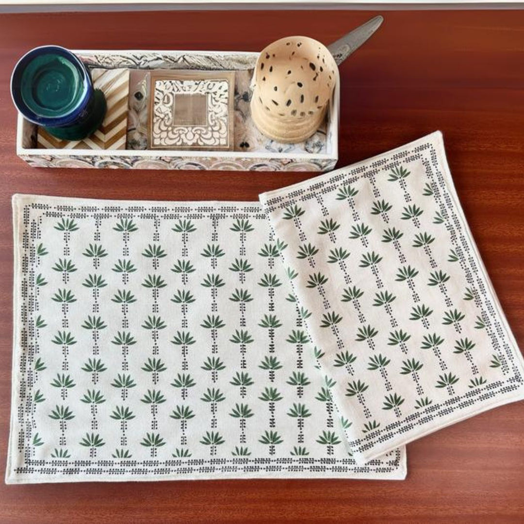Palm Trees Printed Dining Table Placemats | Fern Green And White | 12"x18"  