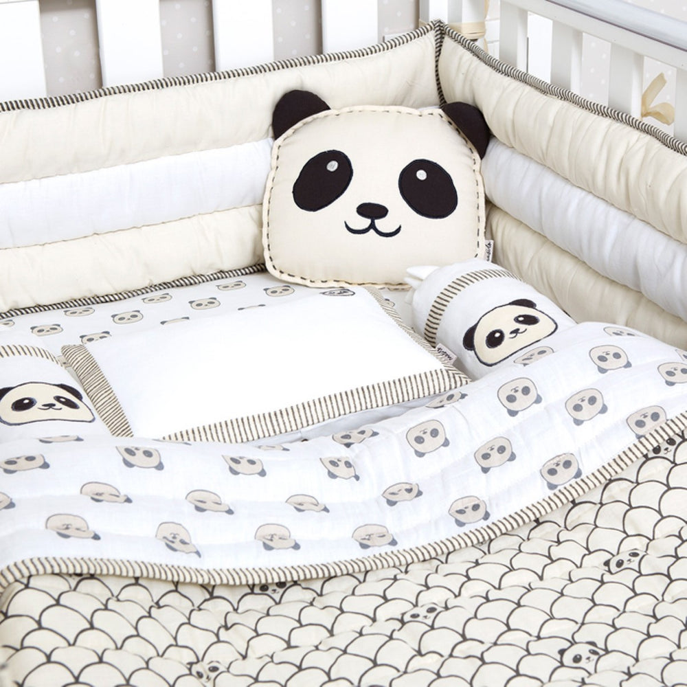 Panda Print Grey Cot Bedding Set For Babies | Cotton | Set Of 6