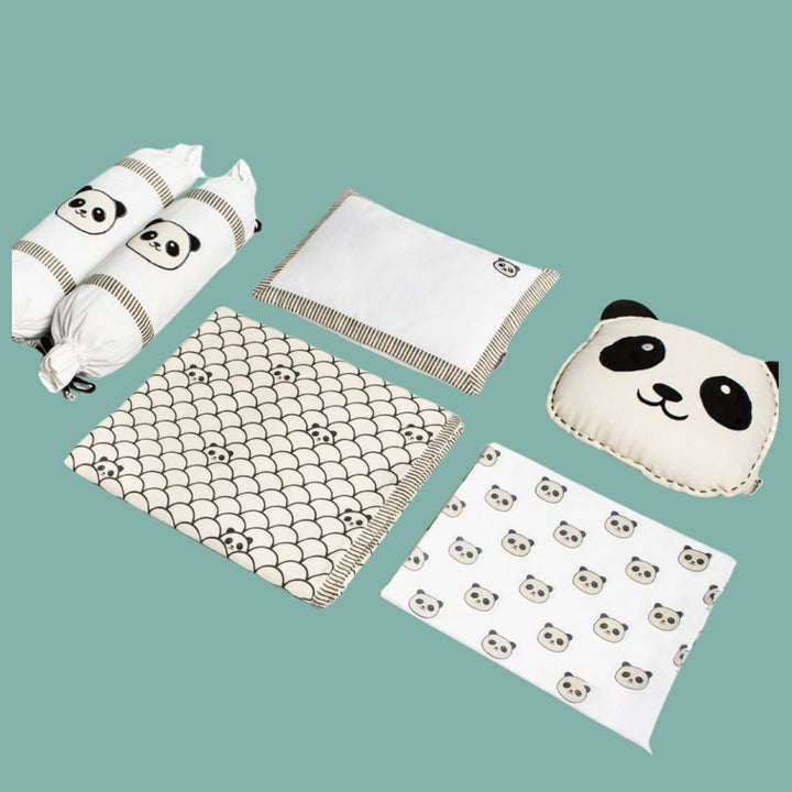 Panda Print Grey Cot Bedding Set For Babies | Cotton | Set Of 6