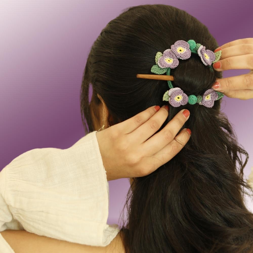 Pansy Crochet Hair Tie | Hand-crafted | Cotton | Purple and Green