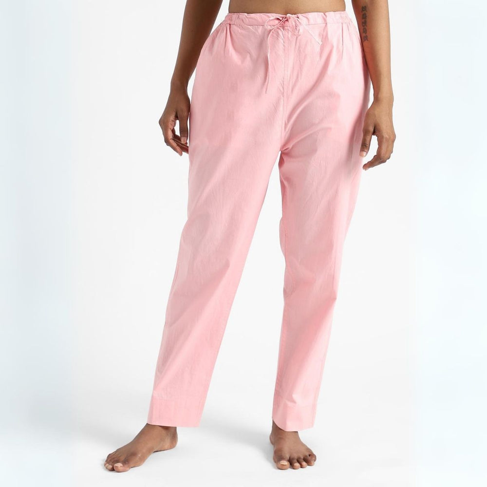 Pastel Pink Cotton Slim Fit Pants | Women's Everyday Wear | Ankle-Length