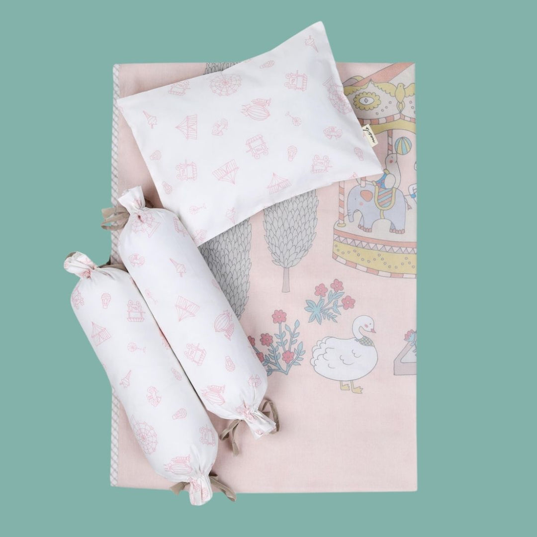 Pink Printed Mini Cot Bedding Set For Babies | Cotton | Set Of 4