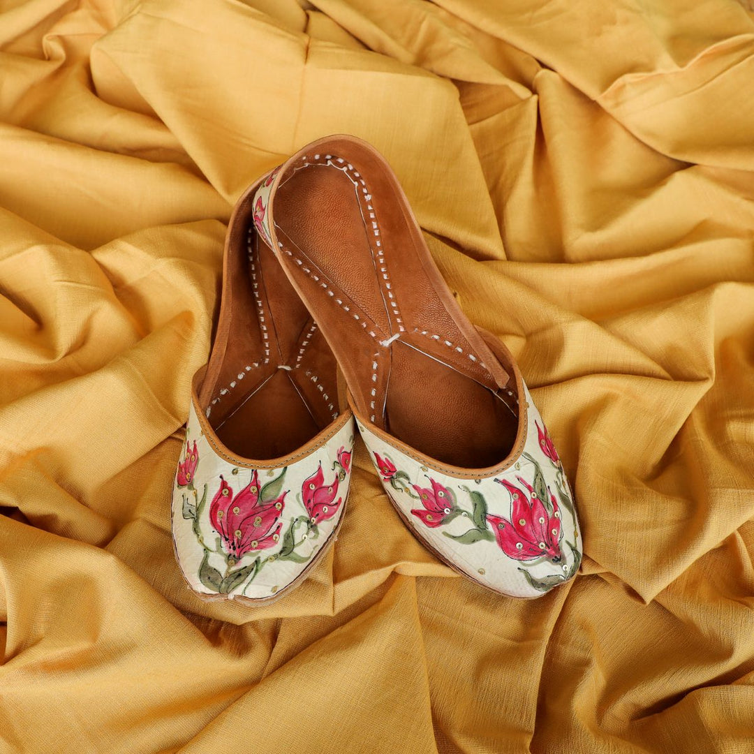 Pink Tulip Silk Women Jutti | Hand-Painted | Off-White & Pink