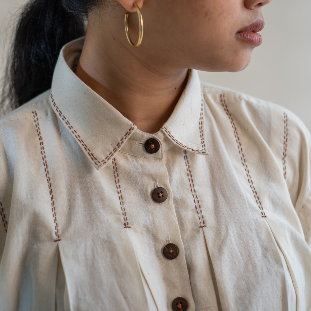 Pleated Crop Shirt | Warm Ivory Tone | Hand Crafted Kantha Work