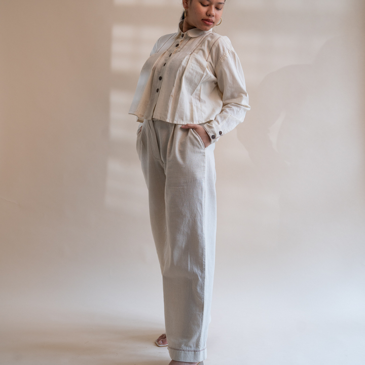Pleated Crop Shirt | Warm Ivory Tone | Hand Crafted Kantha Work