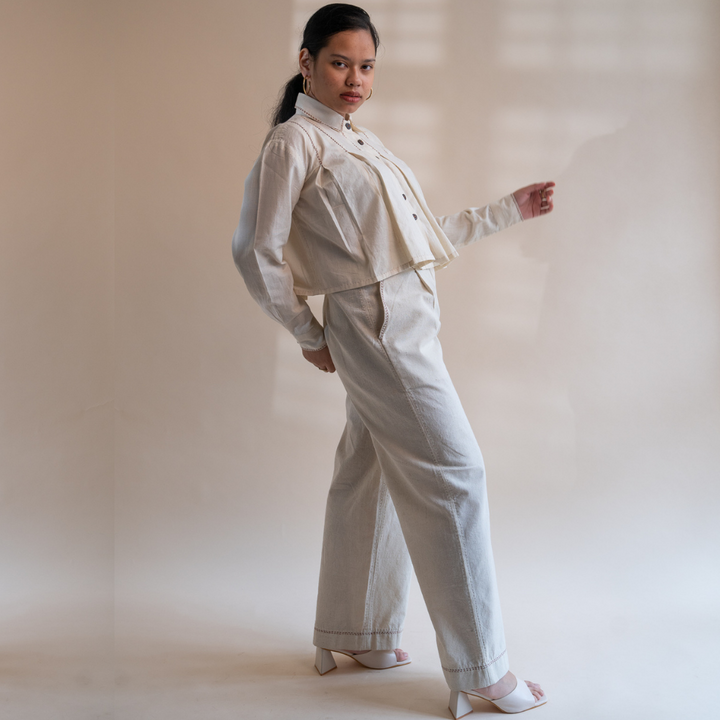 Pleated Crop Shirt | Warm Ivory Tone | Hand Crafted Kantha Work