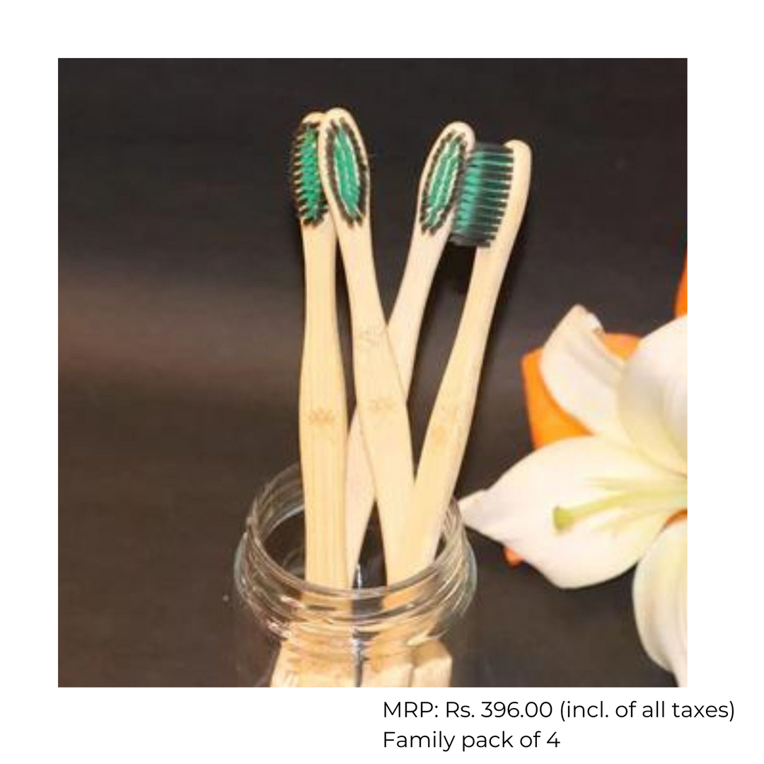 Bamboo Toothbrush With Soft Charcoal Bristles | Sustainable | Family Pack Of 4